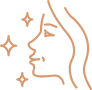 Profil de visage féminin stylisé en trait fin, couleur terracotta, avec des étoiles scintillantes symbolisant l'éclat ou la beauté.