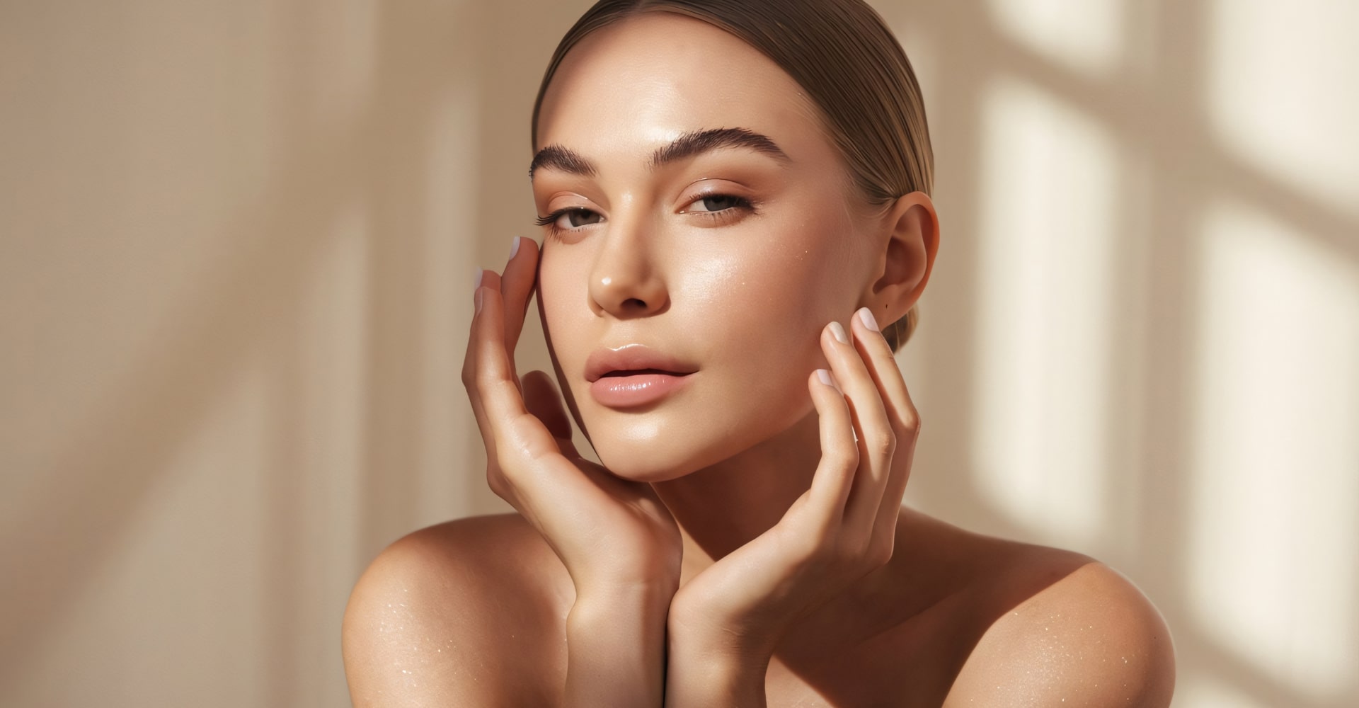 Jeune femme à la peau lumineuse et hydratée, posant ses mains délicatement sur ses joues, sous une lumière naturelle avec des ombres graphiques.