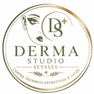 Logo Derma Studio Seysses, profil de femme, centre technico-esthétique, coloris or et vert.