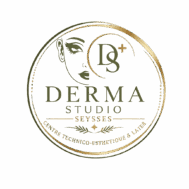 Logo Derma Studio Seysses, visage de femme, or et vert, centre esthétique.